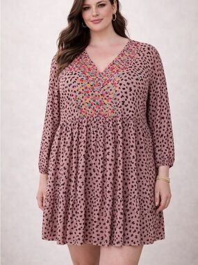 Savanna Jane Dress Women Size 3X Plus Boho Babydoll Tunic Leopard Embroidered